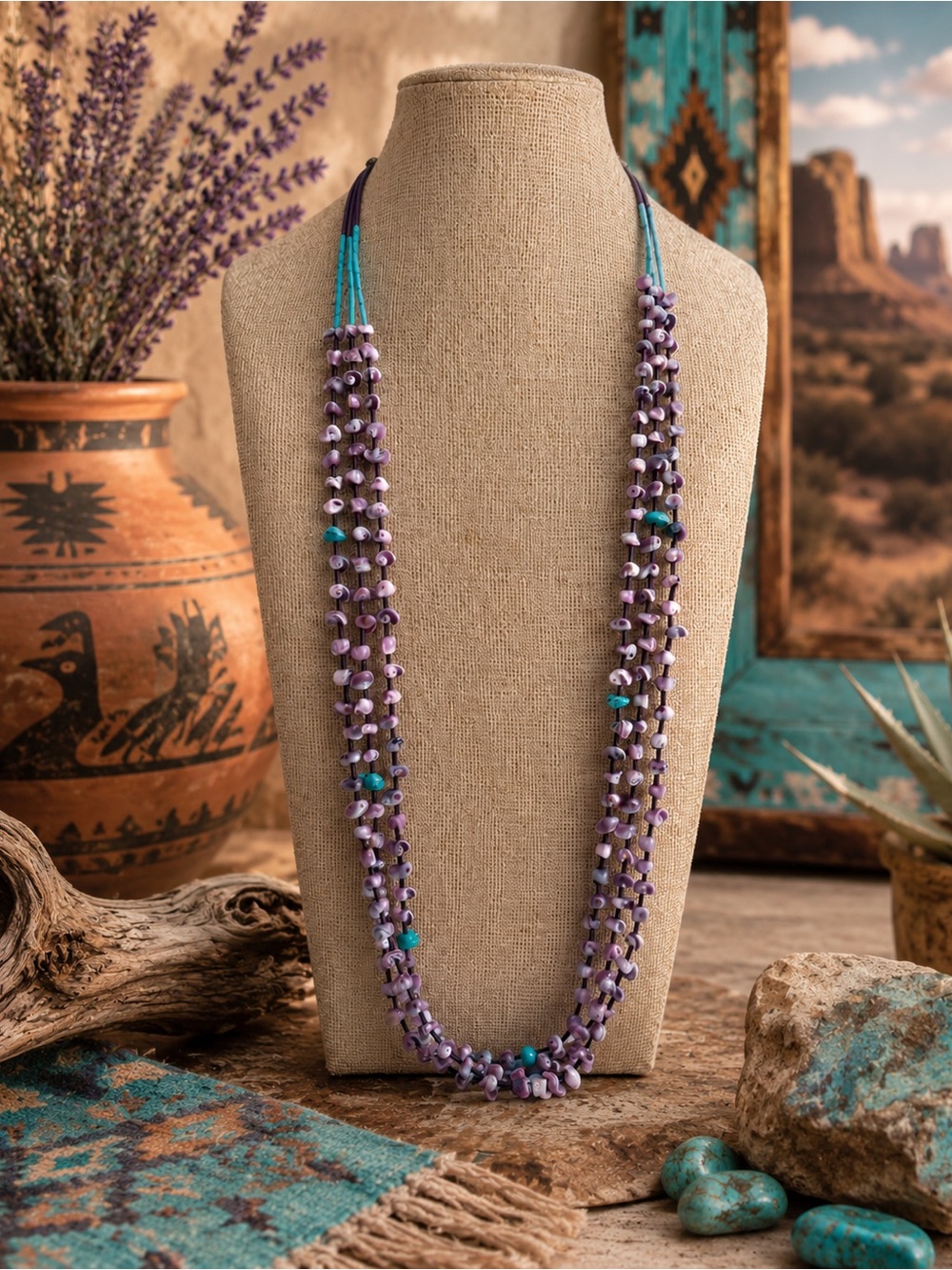 Zuni Native American fetish style Multi-Strand Cebu Shell  & turquoise Necklace